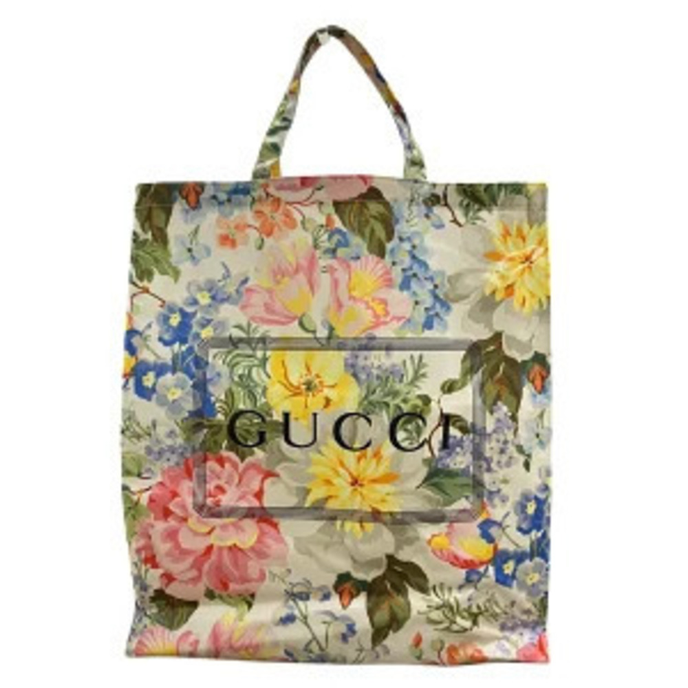 Gucci floral flower canvas tote bag prominent black rectangular logo box front